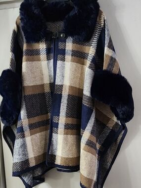 Navy & Camel Plaid Faux Fur Trim Cape